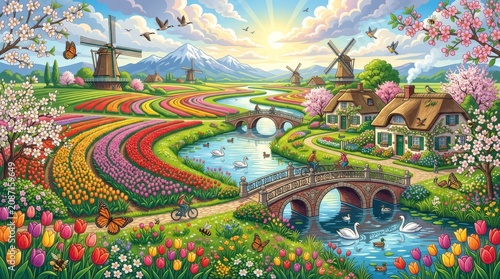 Vibrant Dutch landscape, colorful flower fields, windmills and bridge, serene countryside scenery