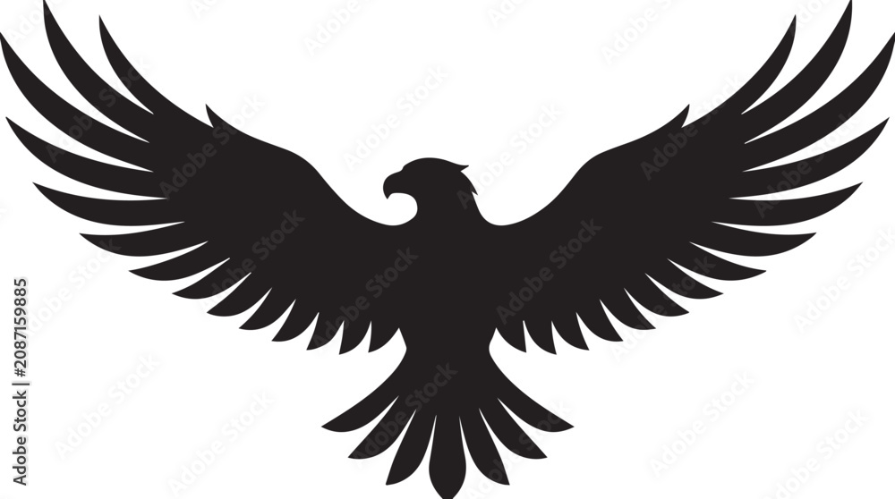 Obraz premium Majestic eagle silhouette spreading wings for flight isolated on a clean white background for professional design with contrast black silhouette