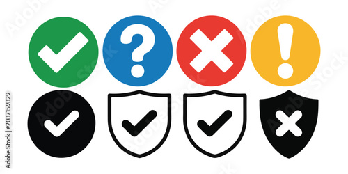 Foto Collection of status icons including checkmark, question mark, cross mark, and exclamation
