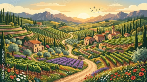 Tuscan countryside, rolling hills, vineyards, lavender fields, Italian landscape