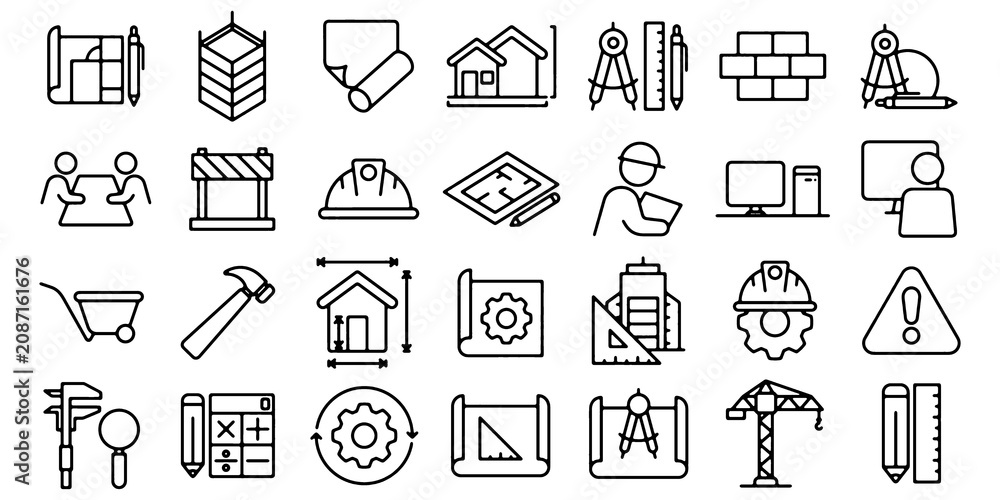 Fototapeta premium Architecture Thin Line Icon Set Includes Building, House, Construction and Architectural Design Symbols Editable Stroke Vector Illustration.