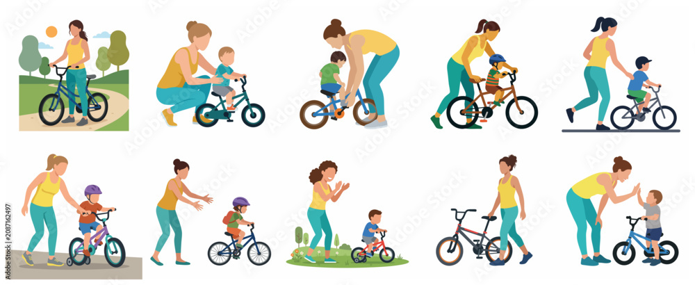 Fototapeta premium Vector illustration set of a mother teaching her child to ride a bicycle in the park, representing family bonding and childhood development.