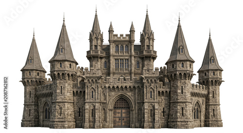Tableau sur toile Majestic medieval stone castle with towering spires and intricate architectural