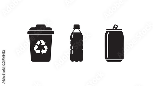 Black silhouettes of recycling bin, plastic bottle, and soda can for eco-friendly and waste management concepts