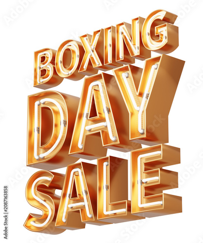 Boxing Day  Sale. Golden 3d text with glowing neon tube. typography. 3D illustration.