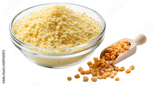 Glass bowl filled with chickpea flour and scoop of chickpeas on transparent background