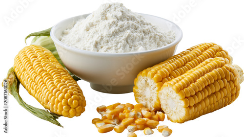 Corn on the cob with a bowl of cornmeal flour isolated on transparent background for food and nutrition concepts