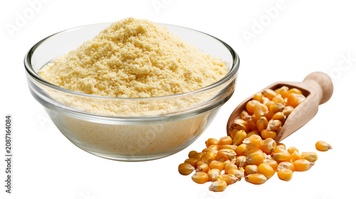 Glass bowl filled with cornmeal next to a scoop of corn kernels on transparent background
