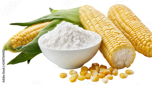Fresh corn on the cob with a bowl of corn flour isolated on transparent background for culinary and baking concepts