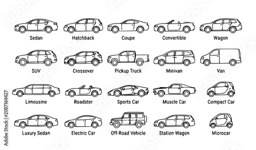 Fotografi Minimalist Car Body Type Line Art Icon Set Vector Collection Isolated on White B