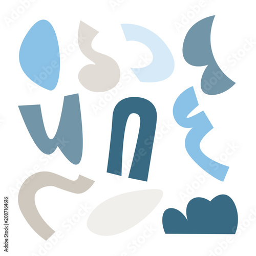 Modern abstract organic graphic elements collection with geometric shapes in blue, beige and cream, contemporary vector design set for branding, editorial layouts and creative projects