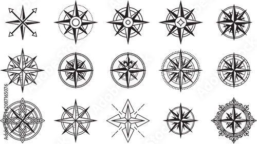 Set of fifteen decorative vintage compass rose vector icons presented as isolated on transparent background