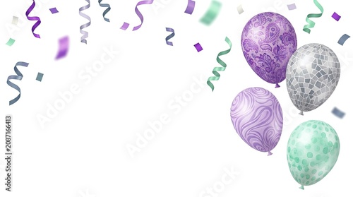 Purple Mint Birthday Balloons Mosaic Paisley Pattern Confetti Banner Background Isolated White Background Anniversary Celebration Party Poster Vector 3D