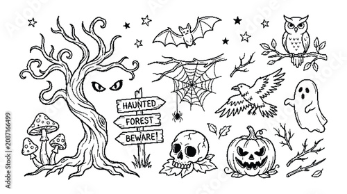 Foto Spooky halloween forest doodle set