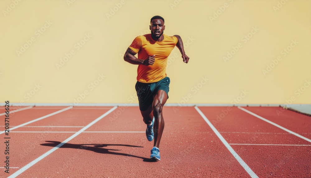 Obraz premium Focused determined african american man sprints on a track during training session