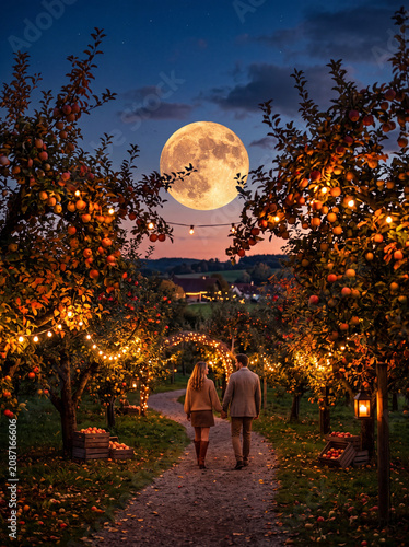 Couple walking through illuminated apple orchard beneath harvest moon at dusk photography