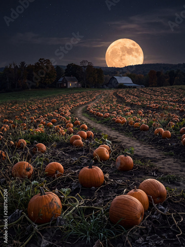 Pumpkin patch beneath harvest moon with rural farm at night landscape photography