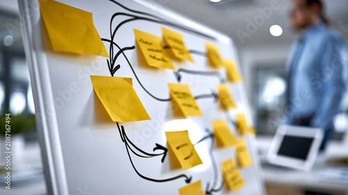 Minimalist corporate stock photography showing an analytical flowchart diagram created with crisp yellow adhesive notes on a massive unbranded white board, black marker hand-drawn