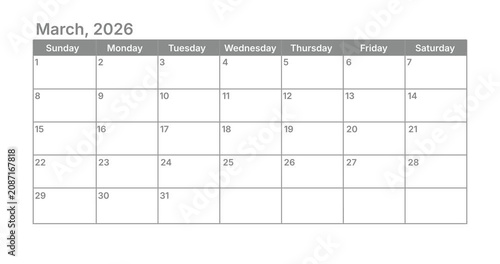 Classic March monthly calendar for 2026. week starts on sunday. isolated on white background for business planning and scheduling concept