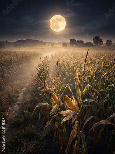 Corn field under harvest moon with misty rural landscape at night photography