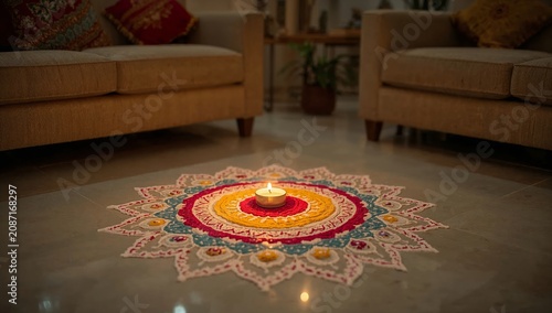 Decorative Candle on Colorful Design in Living Room During Evening Time