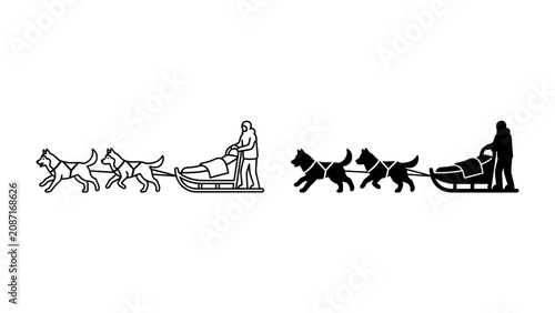 Foto Dog Sledding Icon: A graphic illustration in two styles shows a person guiding a dog sled pulled by two dogs, representing adventure and travel
