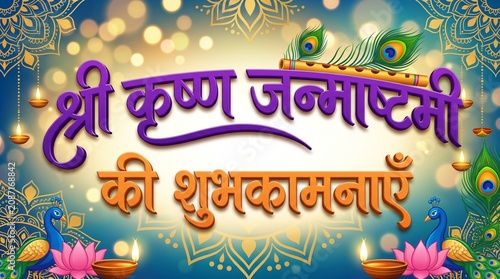Happy Krishna janmashtami in hindi, Shri Krishna Janmashtami ki shubhkamnaye hindi text calligraphy, greeting card for Krishna Janmashtami festival