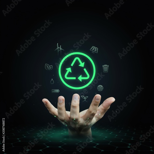 Human hands holding a glowing green recycling symbol with various environmental icons floating in a dark digital sphere representing sustainability