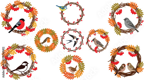 Photos Winter bird wreaths collection with bullfinch sparrow robin and blue tit sitting inside rustic wooden branch frames flat vector illustration graphic design elements