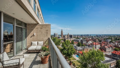 City View From a Balcony With Seating and Greenery on a Sunny Day