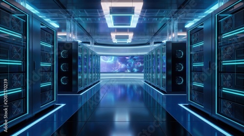 Modern server room with glowing blue lights and rows of high performance computer racks in a futuristic data center facility