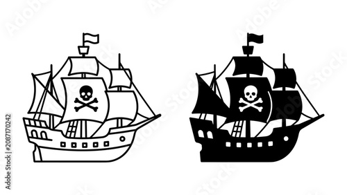 Foto Pirate Ship Icons: Two stylized illustrations of a pirate ship, one in black and white outline and the other as a solid black silhouette, both featuring the iconic skull and crossbones flag