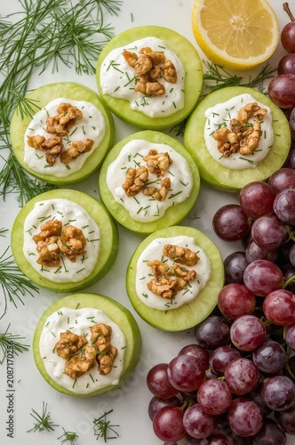 Cucumber Slices With Cream and Nuts Served With Grapes on a White Surface