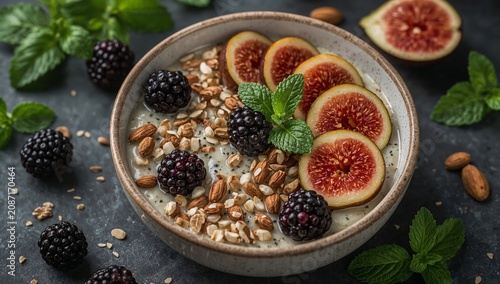 Healthy Bowl With Berries, Figs, Nuts, and Mint on a Dark Table