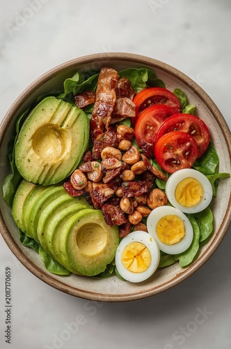 Salad With Eggs, Avocado, Bacon, and Tomatoes on a Wooden Table