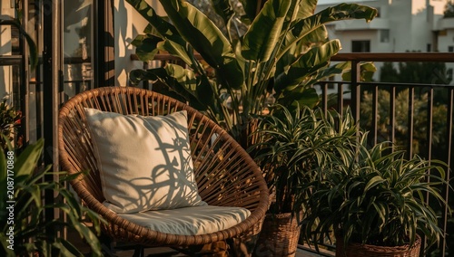 Cozy Chair With Plants on a Balcony in the Evening Light