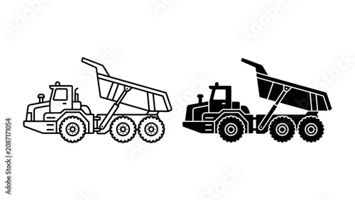 Fotografia Articulated Dump Truck: Two views of an articulated dump truck, one in outline and one in solid black, showcasing its heavy-duty design for off-road construction