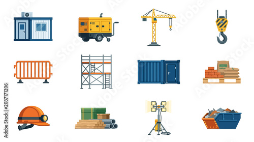Modern Construction Site Equipment Icons Showcasing Various Tools and Safety Gear in Bright Colors