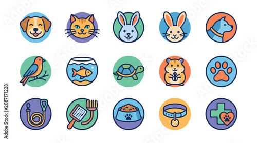 Elegant Colorful Icons Set Featuring Pets Aquatic Life Pet Care Tools and Accessories in Vibrant Circular Designs