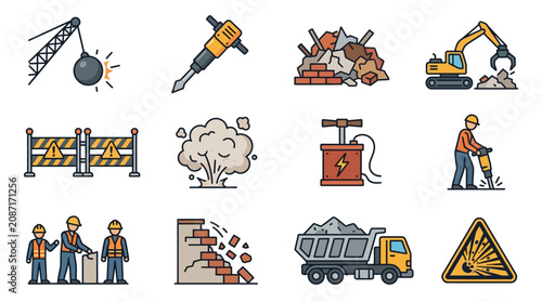 Elegant Illustrated Collection of Construction Demolition Safety Icons with Workers and Heavy Machinery