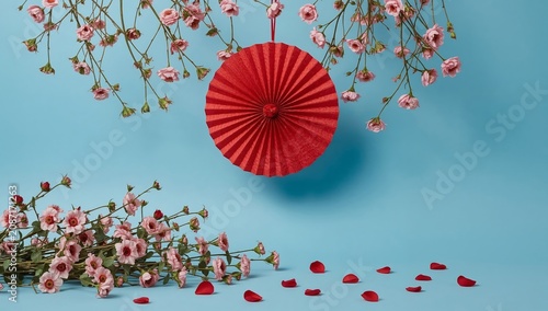 Floral Arrangement With Red Fan and Cherry Blossoms on Blue Background