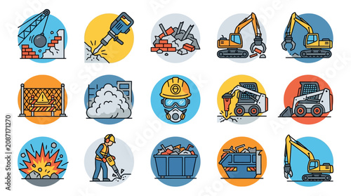 Professional Illustrated Collection of Construction Demolition and Safety Equipment with Vibrant Colors and Detailed Icons