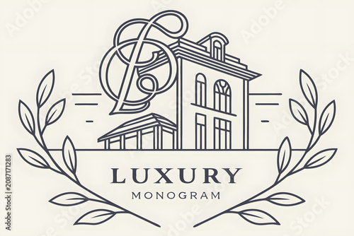 Luxury monogram design featuring elegant house with unique intertwined initials and natural wreath.