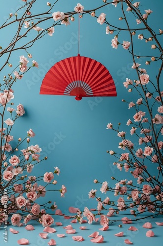 Floral Arrangement With Red Fan and Cherry Blossoms on Blue Background