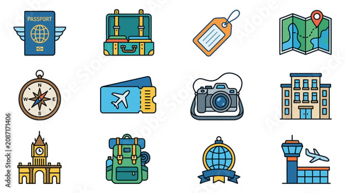 Modern Colorful Travel and Adventure Icons Set with Passport Suitcase Map Camera and Landmarks with high quality professional line art symbols for modern creative design and digital branding projects