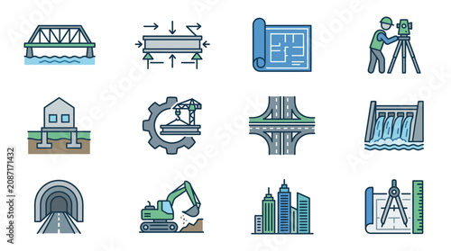 Sleek Collection of Modern Minimalist Icons Featuring Civil Engineering Construction and Architectural Elements in Blue Green Gray