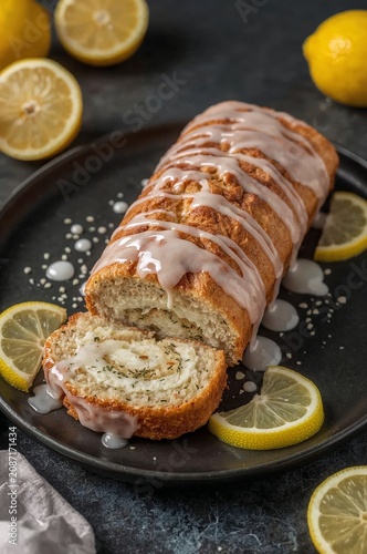 Baked Dessert With Glaze and Lemon Slices on a Dark Plate
