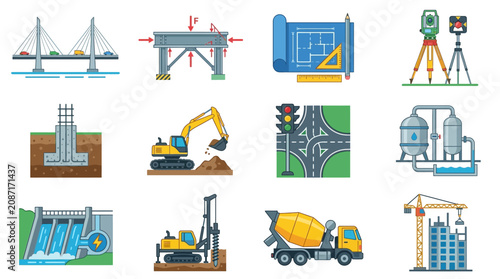 Elegant Illustrated Guide to Civil Engineering and Construction Processes with Colorful Equipment and Diagrams