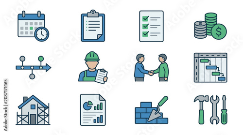 Industrial Project Management and Construction Process Illustrated with Colorful Icons with high quality professional line art symbols for modern creative design and digital branding projects