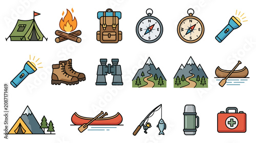 Sleek Colorful Illustrated Icons Set of Camping and Outdoor Adventure Essentials with Flat Design Style